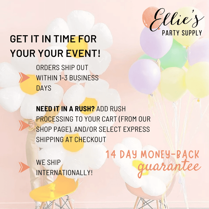 Party supply shipping information flyer with balloon graphics and text