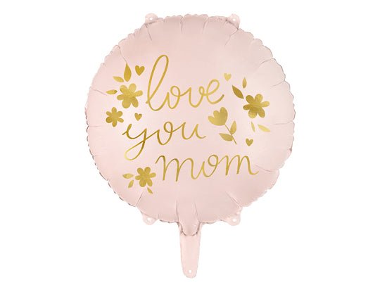 Pink round foil balloon with gold “love you mom” text and small dangling tab