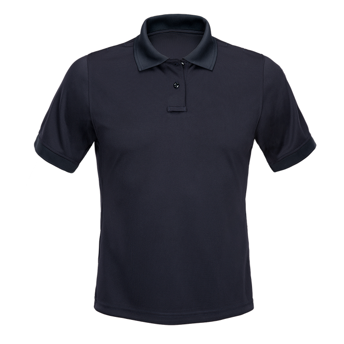 Product shot of a dark navy blue short sleeve polo shirt with a two button placket and a ribbed collar.