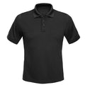 Product shot of a black men's short-sleeved polo shirt featuring a three-button placket and a classic collar showcasing its smooth texture and simple design