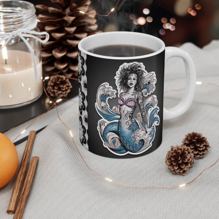 Messy Hair Mermaid Coffee Mug – Gothic Tattoo Art Dark Fantasy Mermaid | 11oz Ceramic | Dishwasher Safe | Mermaid Gift for Her