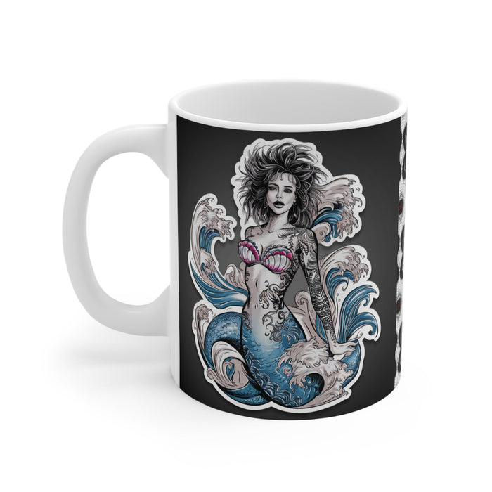 Messy Hair Mermaid Coffee Mug – Gothic Tattoo Art Dark Fantasy Mermaid | 11oz Ceramic | Dishwasher Safe | Mermaid Gift for Her