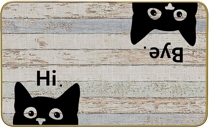 Grey cat welcome doormat with cartoon black cat faces, “Hi” and “Bye” text