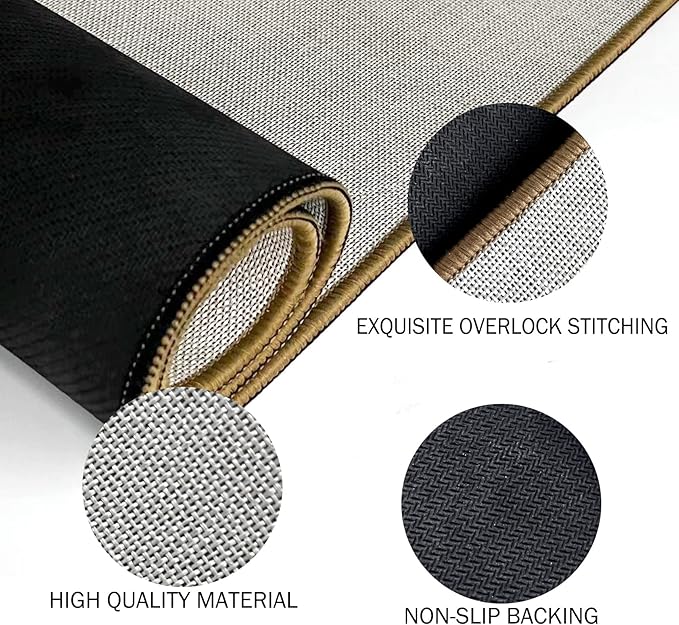 Close-up of grey doormat edge with gold trim, woven texture, non-slip backing