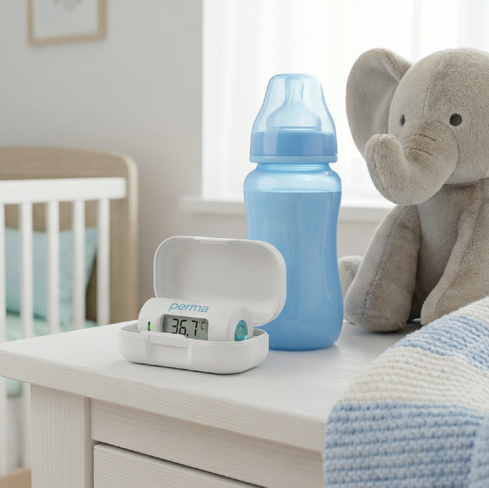 MINI THERMOMETER IN TRAVEL CASE ON A BEDSIDE TABLE IN KIDS ROOM