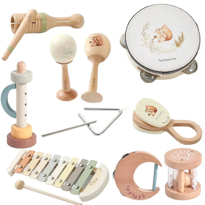 Montessori Baby Musical Instruments – Wooden Drum, Xylophone, Maracas, Trumpet & More | 0–12 Months | Early Education | Baby Shower Gift