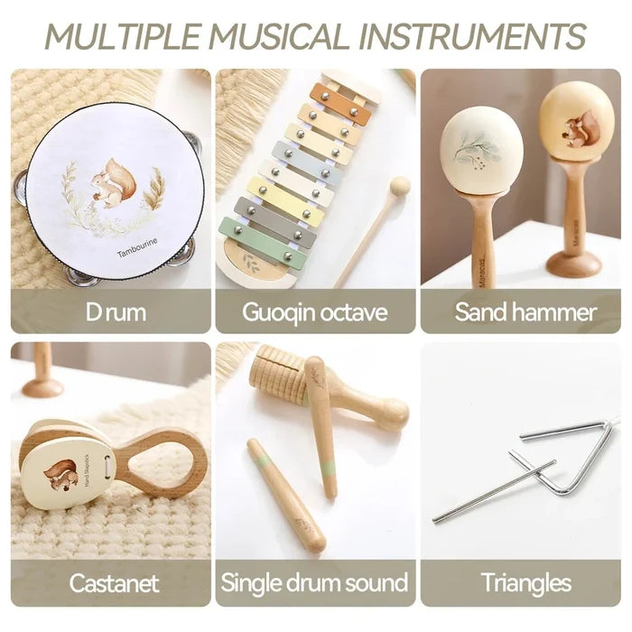 Montessori Baby Musical Instruments – Wooden Drum, Xylophone, Maracas, Trumpet & More | 0–12 Months | Early Education | Baby Shower Gift