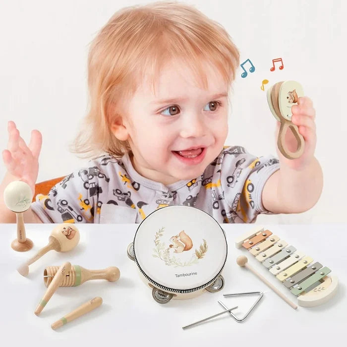Montessori Baby Musical Instruments – Wooden Drum, Xylophone, Maracas, Trumpet & More | 0–12 Months | Early Education | Baby Shower Gift