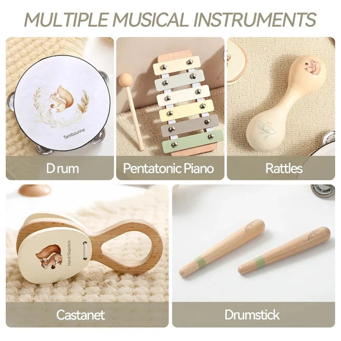 Montessori Baby Musical Instruments – Wooden Drum, Xylophone, Maracas, Trumpet & More | 0–12 Months | Early Education | Baby Shower Gift