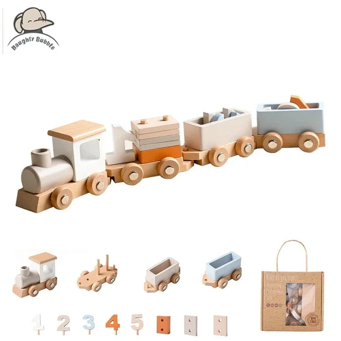 Montessori Wooden Vehicle Toys – Pull-Along Animal Train, Peg Doll Bus, Bead Aircraft & More | Natural Wood | Toddler Birthday Gift