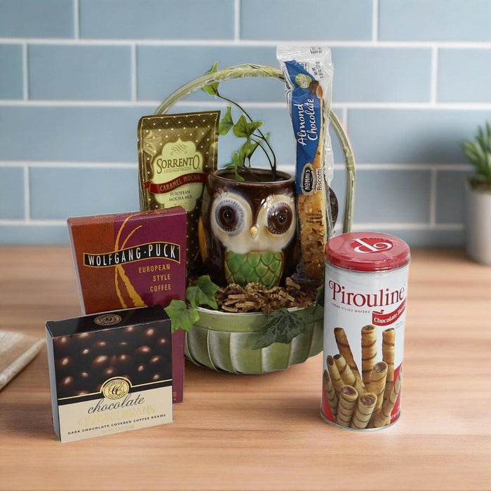 Gift basket with owl-themed holder, coffee and chocolate, plus Pirouline wafer canister
