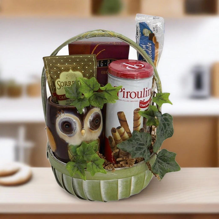 Gift basket with owl-themed container, Pirouline wafer canister, and packaged coffee snacks