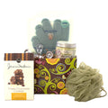 Spa gift set with cookie box, body butter jar, patterned gift bag, and sage loofah gloves