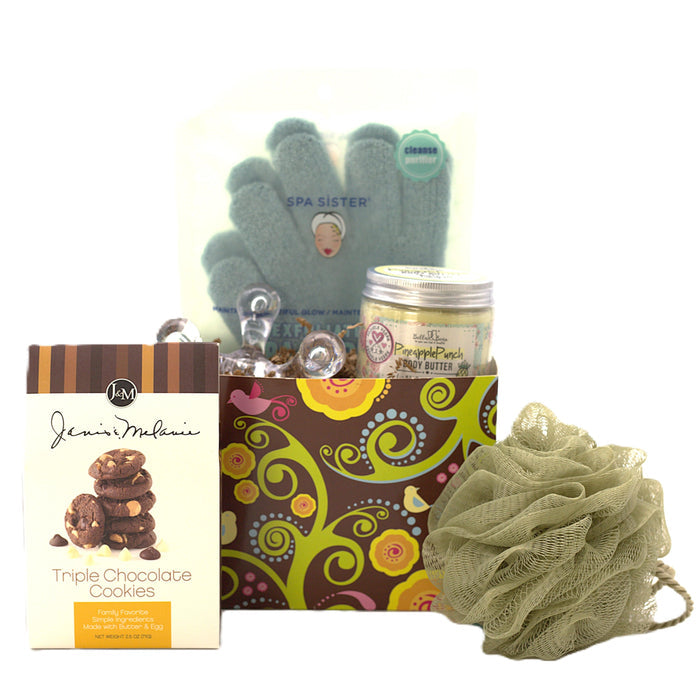 Spa gift set with cookie box, body butter jar, patterned gift bag, and sage loofah gloves