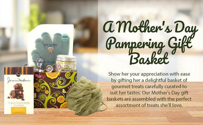 Spa gift basket with cookie box, body butter jar, sage scrunch cloth, and spa soaps