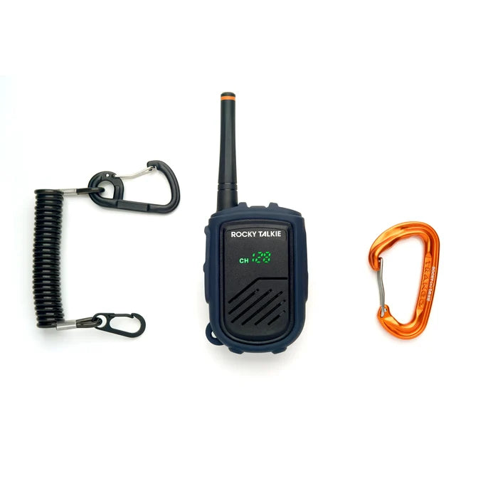 Rocky Talkie mountain radio walkie talkie with orange carabiner and black coil leash