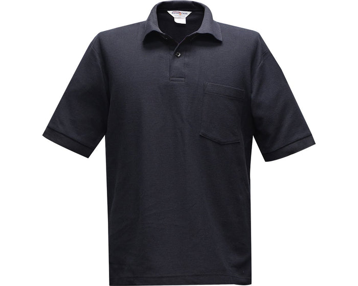 Product shot of a dark navy blue Flying Cross brand polo shirt featuring a small chest pocket and ribbed collar and cuffs