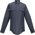 Product shot of a dark navy blue long-sleeve button-down shirt with two chest pockets and reinforced epaulets showing subtle texture and dark buttons