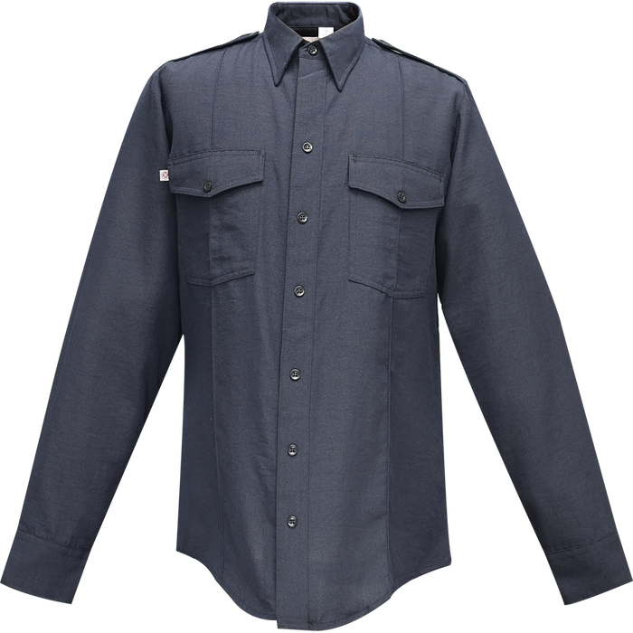 Product shot of a dark navy blue long-sleeve button-down shirt with two chest pockets and reinforced epaulets showing subtle texture and dark buttons
