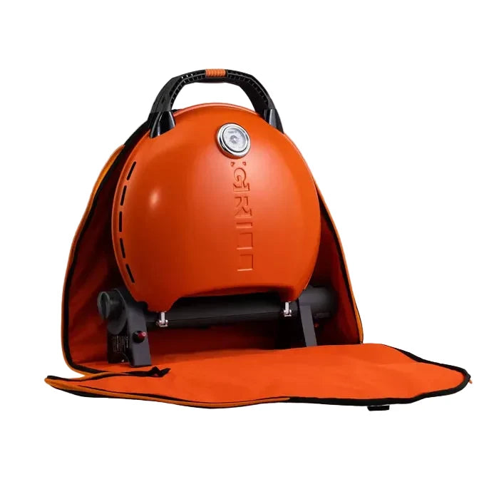 An o-shiled carry case for the o-grill range with an orange o-grill gas barbecue