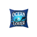 Ocean Lover Throw Pillow – Dolphins, Sailboat & Moonlit Sea Art | Deep Blue Faux Suede | Double-Sided Print | 4 Sizes | Coastal Home Decor Gift
