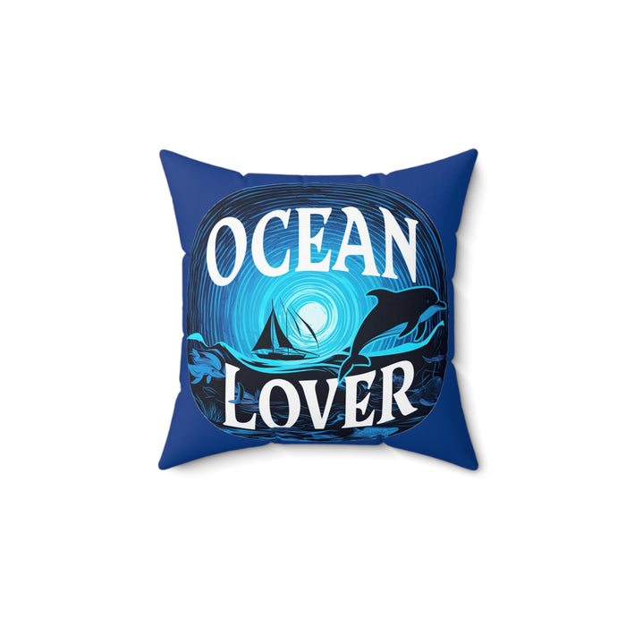 Ocean Lover Throw Pillow – Dolphins, Sailboat & Moonlit Sea Art | Deep Blue Faux Suede | Double-Sided Print | 4 Sizes | Coastal Home Decor Gift