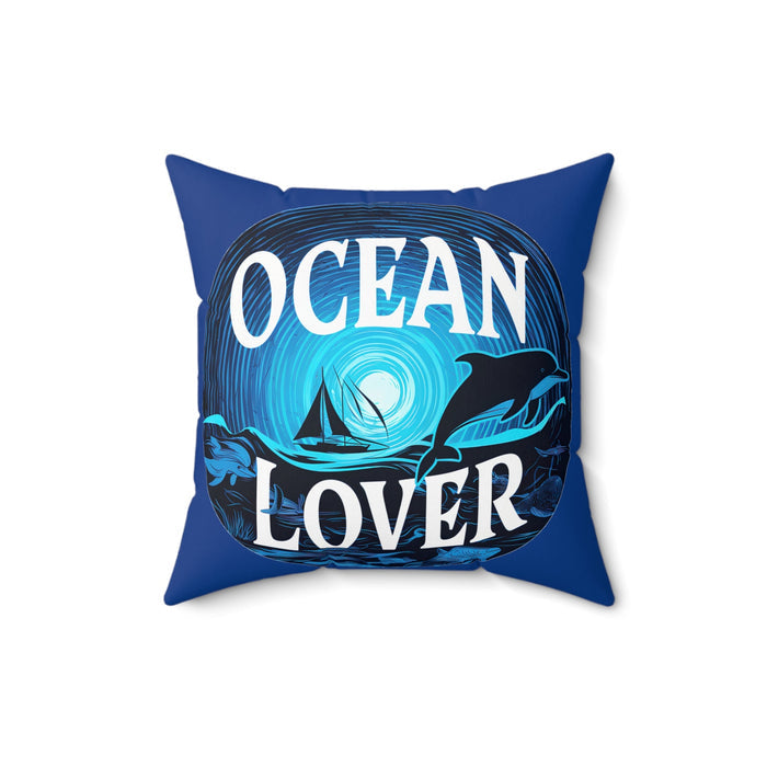 Ocean Lover Throw Pillow – Dolphins, Sailboat & Moonlit Sea Art | Deep Blue Faux Suede | Double-Sided Print | 4 Sizes | Coastal Home Decor Gift
