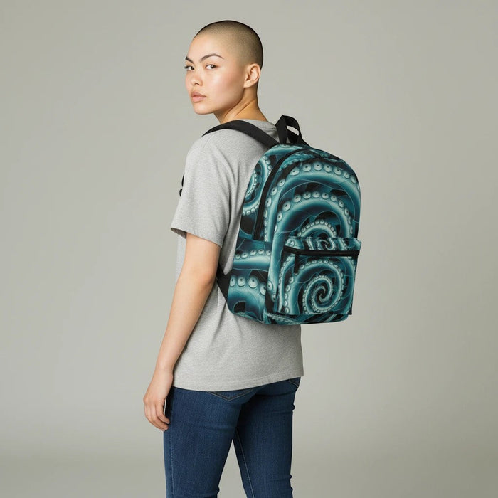Octopus Spiral Tentacle Backpack – Hypnotic Bioluminescent Teal & Black Deep Sea Art | Laptop Compartment | Waterproof Polyester | Gothic Ocean Bag