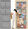 Over the Door Stuffed Animal Storage Organizer – 6 Large Expandable Mesh Pockets & Metal Hooks | Nursery, Bedroom & Playroom | Grey, Black, White