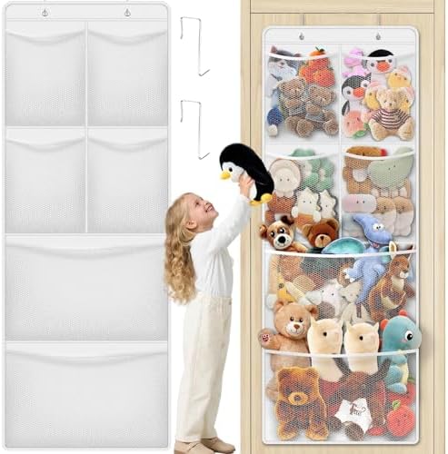 Over the Door Stuffed Animal Storage Organizer – 6 Large Expandable Mesh Pockets & Metal Hooks | Nursery, Bedroom & Playroom | Grey, Black, White