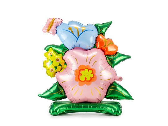 Pastel flower standing satin foil balloon with blue petals, green leaves, and pink center