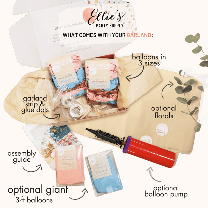 Kit contents layout with garland strip, glue dots, and optional balloon pump