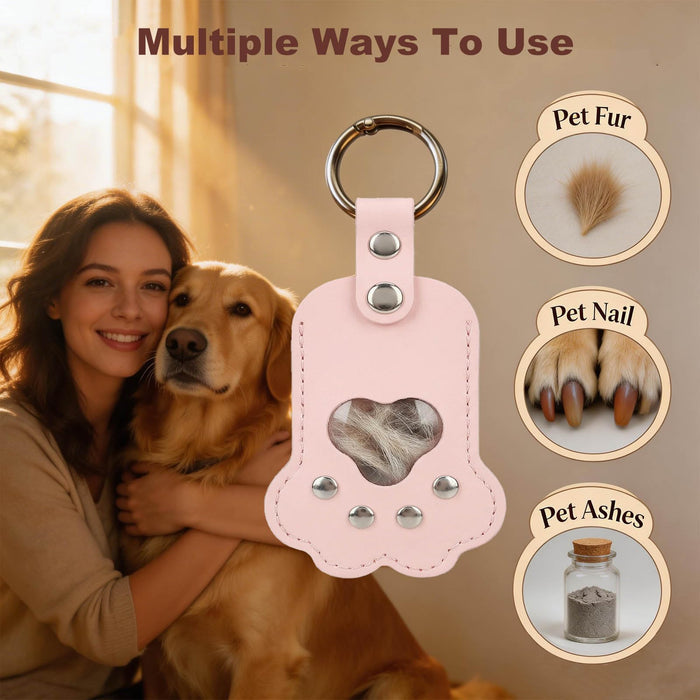 Pet Hair Storage Keychain with Photo Holder,Leather Cat Memorial Keychain Portable Pet Memory Charm Gift
