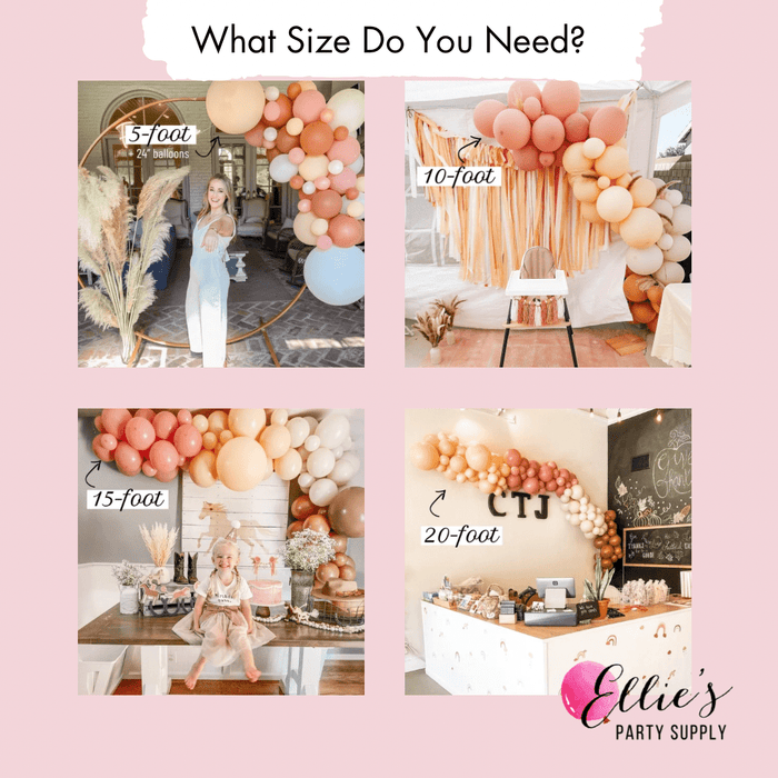 Balloon garland size guide infographic showing 5-, 10-, 15-, and 20-foot options