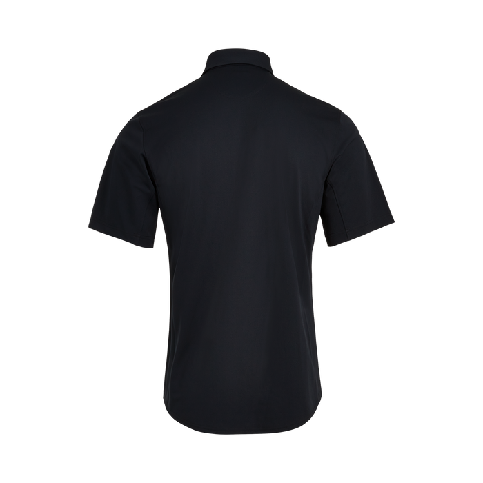 Product shot of a dark navy short-sleeved shirt with a collared neckline and subtle stitching detail on a plain background