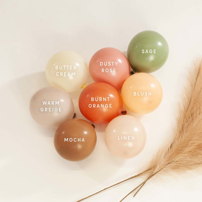 Latex balloon color cluster with sage, blush, cream, brown, and peach tones