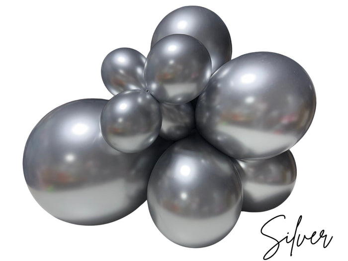 Silver latex balloon cluster with six glossy balloons