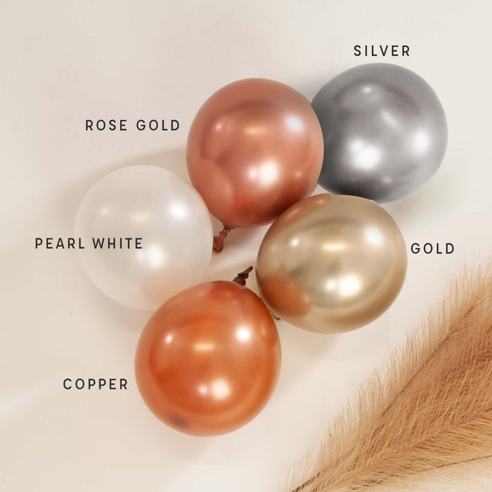 Assorted latex balloons in rose gold, silver, pearl white, gold and copper