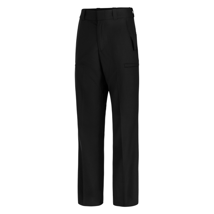 Product shot of black pants showing a flat front, subtle side pockets, and a clean tailored fit