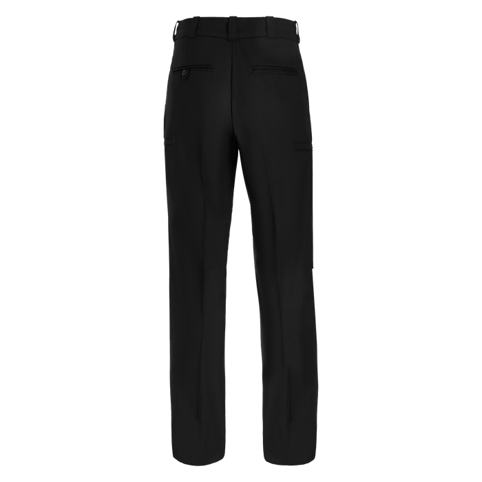 Product shot of black pants showing back detail including a button and pockets