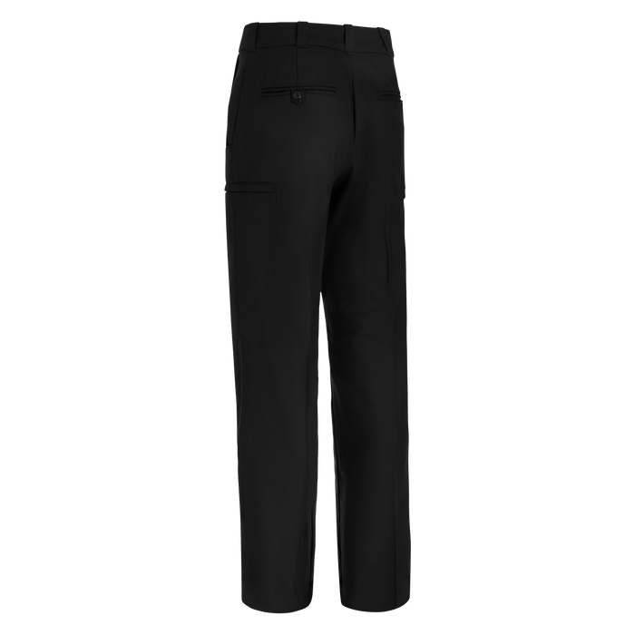 Product shot of black dress pants featuring a single button closure, a back pocket, and subtle creasing in the fabric