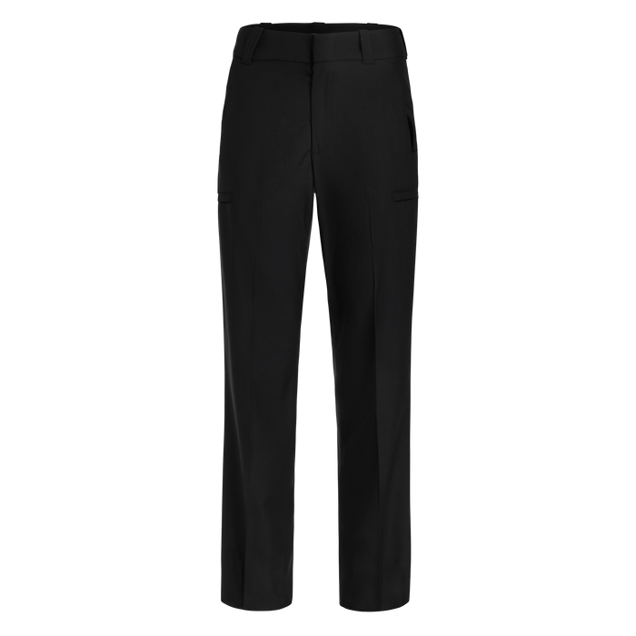 Product shot of black pants featuring a flat front, zipper fly, and side pockets