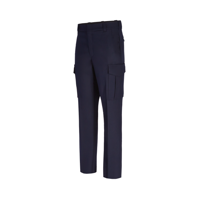 Product shot of navy blue cargo pants featuring a flat front, two side pockets and a tailored fit.