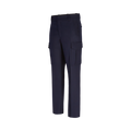 Product shot of navy blue cargo pants featuring a flat front, two side pockets and a tailored fit.