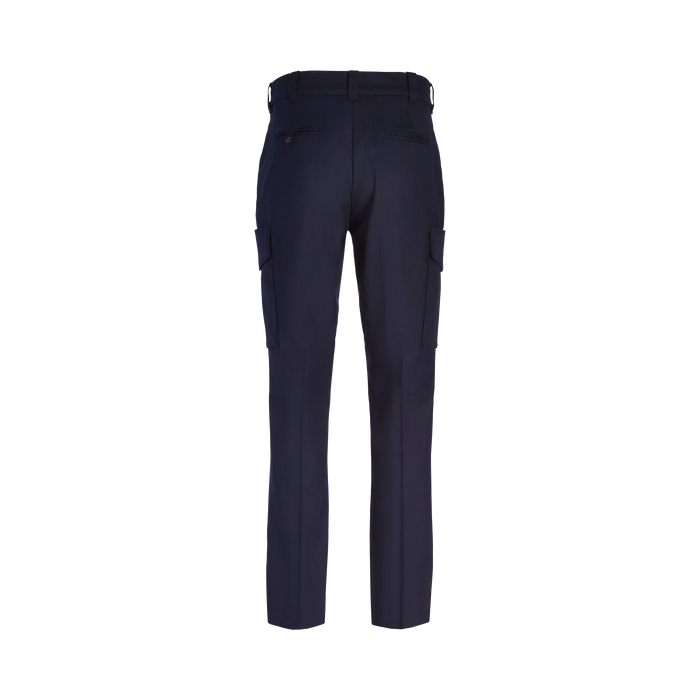 Product shot of navy blue cargo pants featuring a button closure, two side pockets and a boxy silhouette