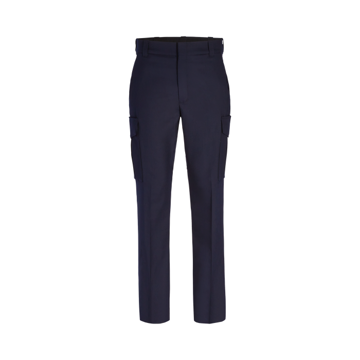 Product shot of navy blue cargo pants featuring a flat front, two side pockets, and a dark waistband