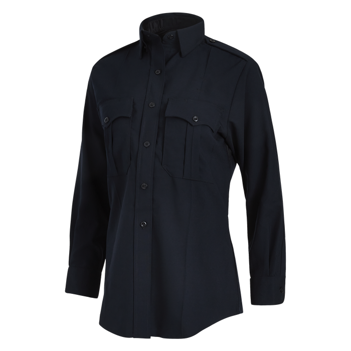 Product shot of a dark navy women's long sleeve shirt featuring a collared neckline, button closures, and two chest pockets with button flaps.