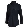 Product shot of a dark navy women's long sleeve shirt featuring a collared neckline, button closures, and two chest pockets with button flaps.