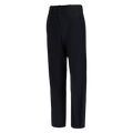 Product shot of a pair of dark navy blue, wide-leg trousers featuring a flat front and subtle creases showing the texture of the fabric