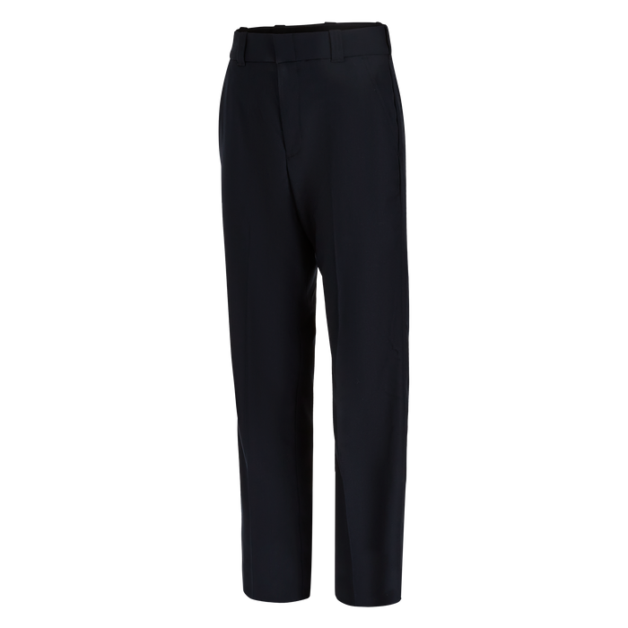 Product shot of a pair of dark navy blue, wide-leg trousers featuring a flat front and subtle creases showing the texture of the fabric